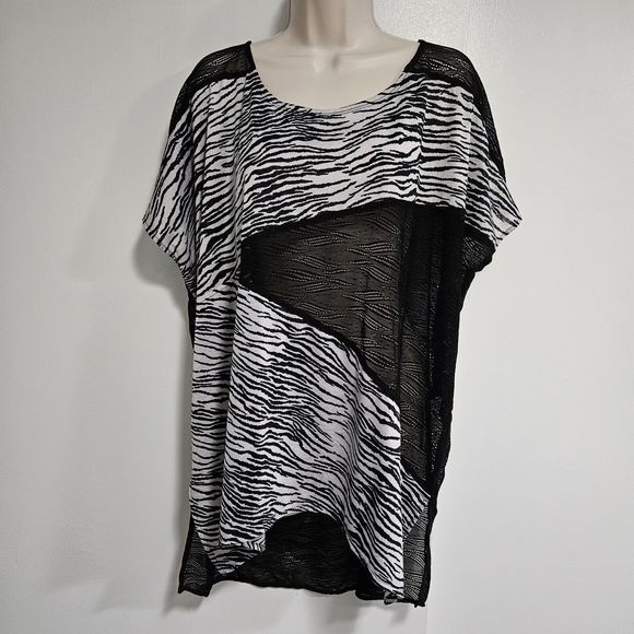 Chico's Tops - Chicos Travelers Sz 2 (L) Black White Swim Cover Up Flowy Beach Boat Animal Mesh